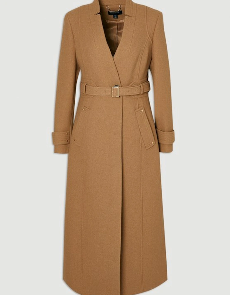 Wool Investment Notch Neck Belted Detail Tailored Maxi Coat