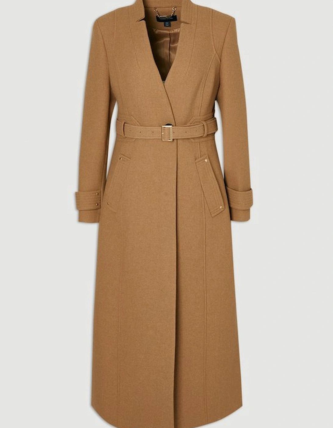 Wool Investment Notch Neck Belted Detail Tailored Maxi Coat