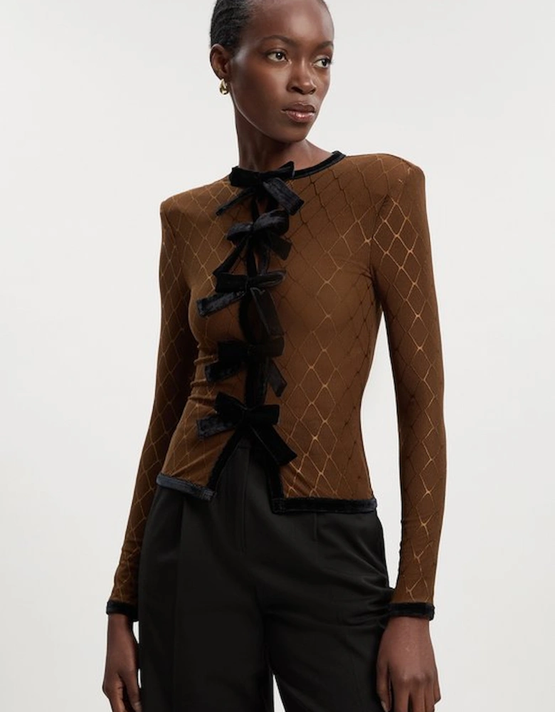 Mesh With Velvet Bow Trim Detail Crew Neck Long Sleeve Top