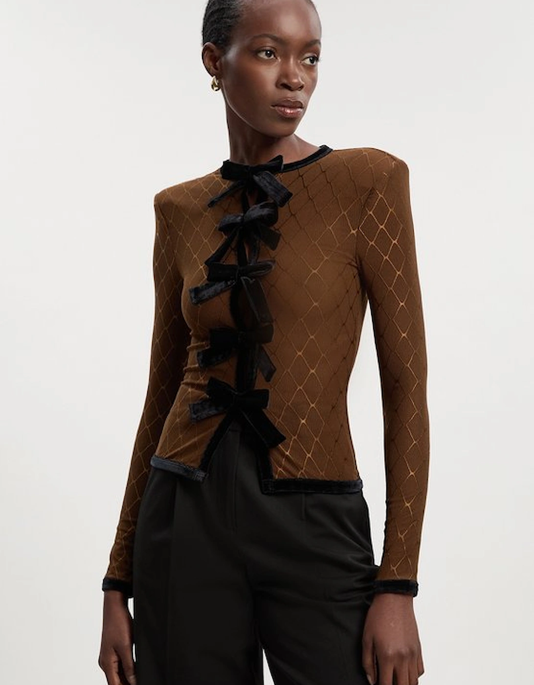 Mesh With Velvet Bow Trim Detail Crew Neck Long Sleeve Top, 2 of 1