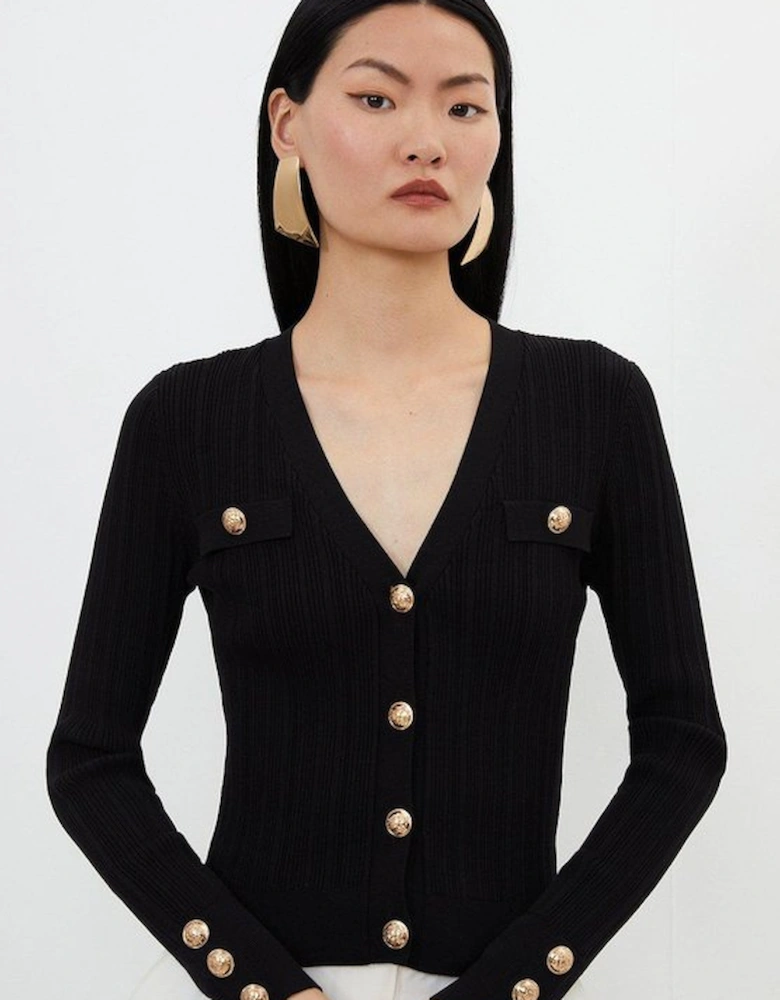 Viscose Blend Dry Handle Rib Military Trim Cardigan