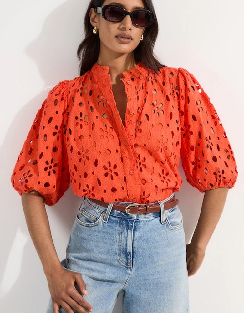 Cotton Broderie Belted Short Sleeve Woven Blouse