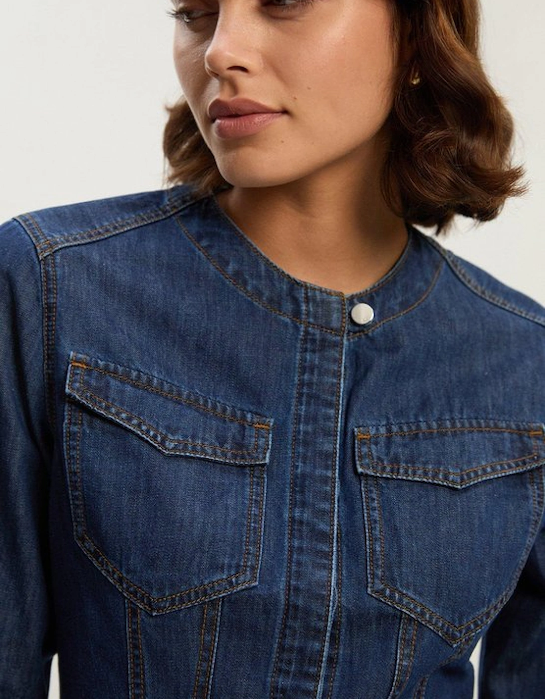 Denim Collarless Tailored Western Shirt, 5 of 4