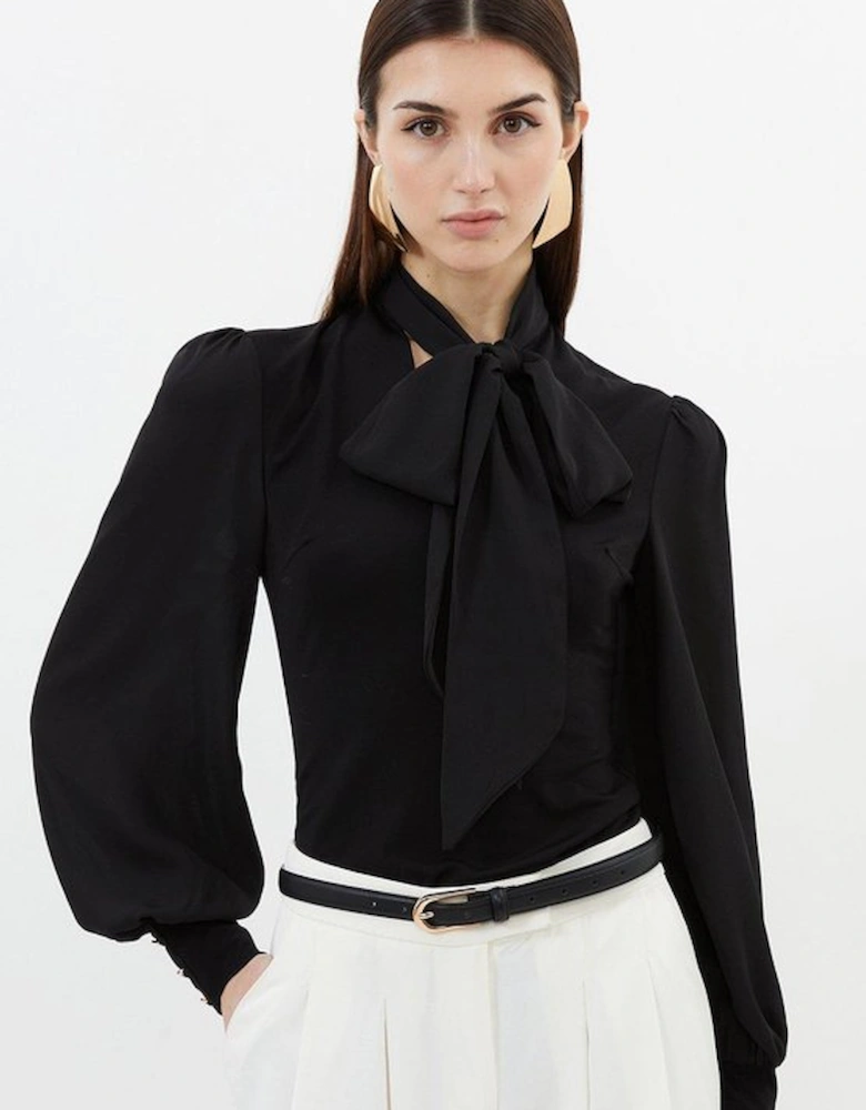 Jersey Ponte And Georgette Mix Tie Neck Long Sleeve Bodysuit