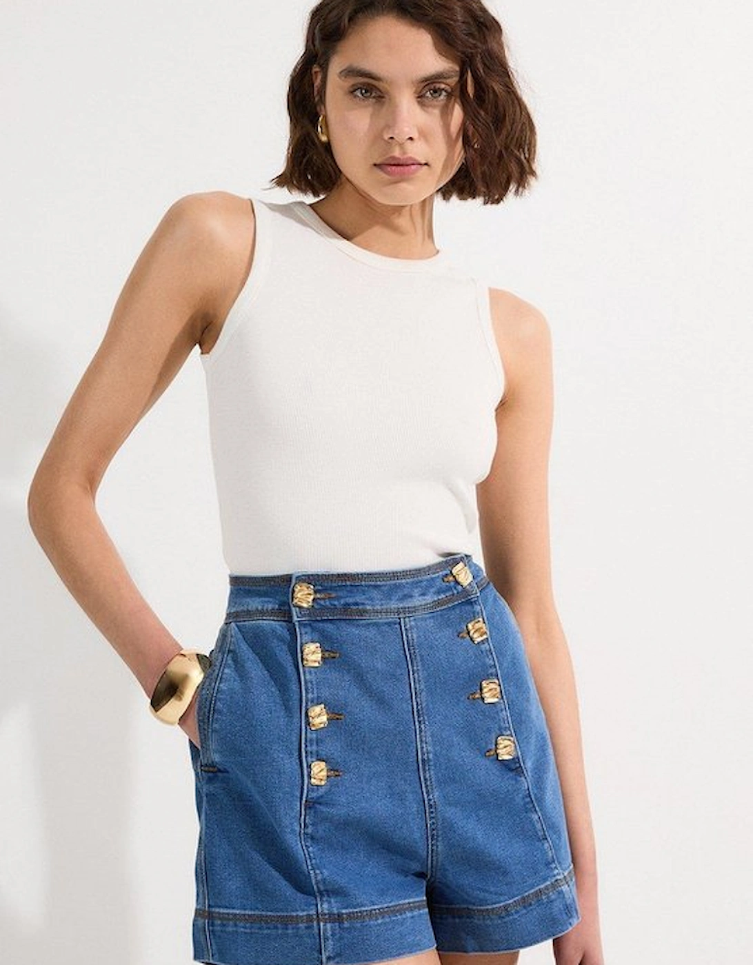 Denim Button Front Tailored Shorts, 2 of 1
