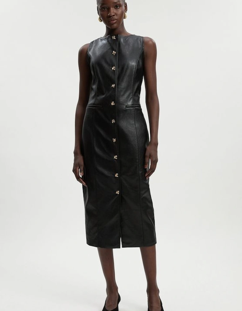 Faux Leather Button Detail Midi Pencil Dress