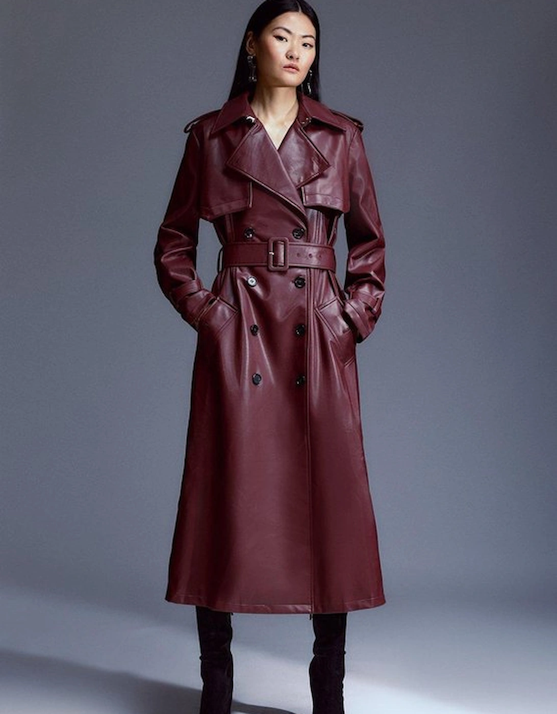 Tailored Faux Leather Belted Trench Coat, 2 of 1