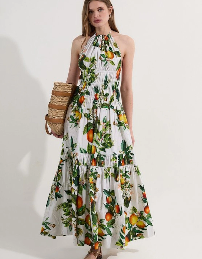 Petite Shirred Cotton Tiered Fruit Print Halter Neck Woven Maxi Dress
