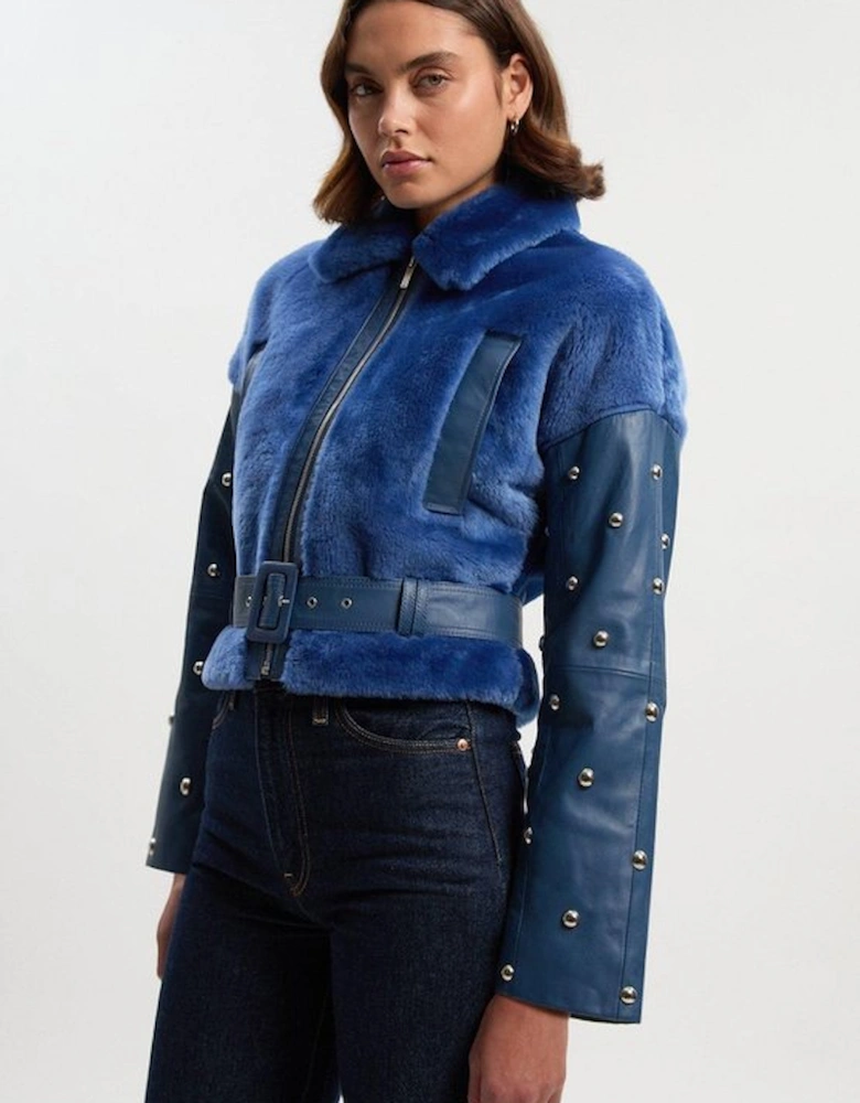 Shearling & Leather Mix Studded Biker Jacket