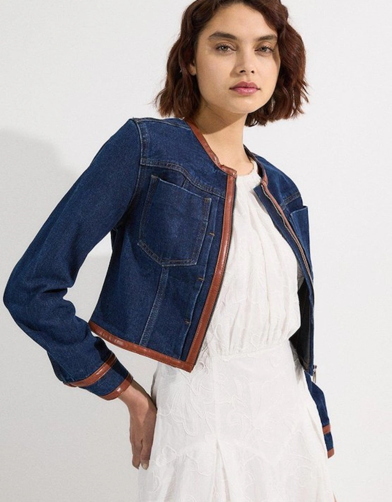 Denim & Faux Leather Tipping Collarless Tailored Jacket