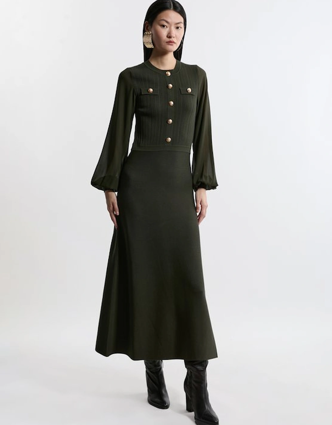 Petite Viscose Blend Maxi Knit Dress With Chiffon Sleeve Military Trim, 2 of 1