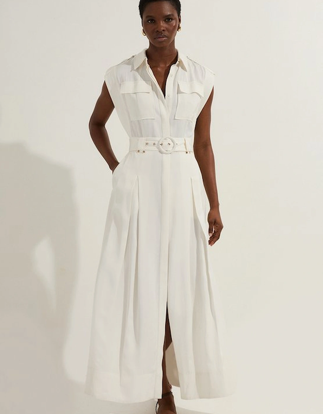 Petite Premium Viscose Linen Woven Sleeveless Shirt Dress With Belt, 4 of 3