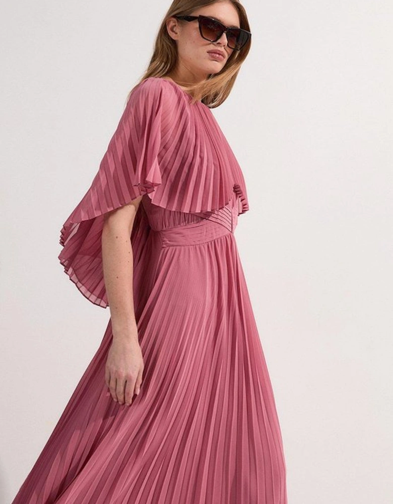 Pleated Cape Sleeve Low Back Maxi Dress