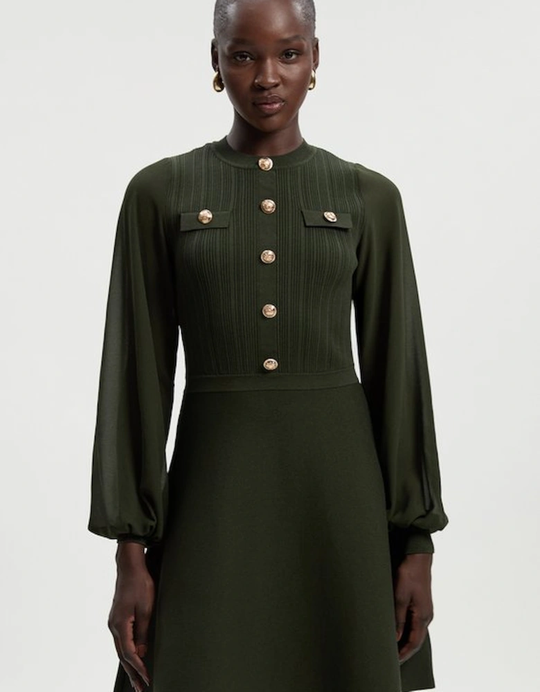 Petite Viscose Blend Mini Knit Dress With Chiffon Sleeve Military Trim