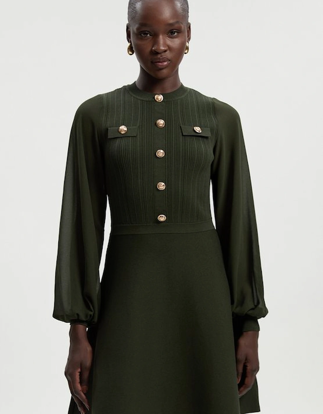 Petite Viscose Blend Mini Knit Dress With Chiffon Sleeve Military Trim, 5 of 4