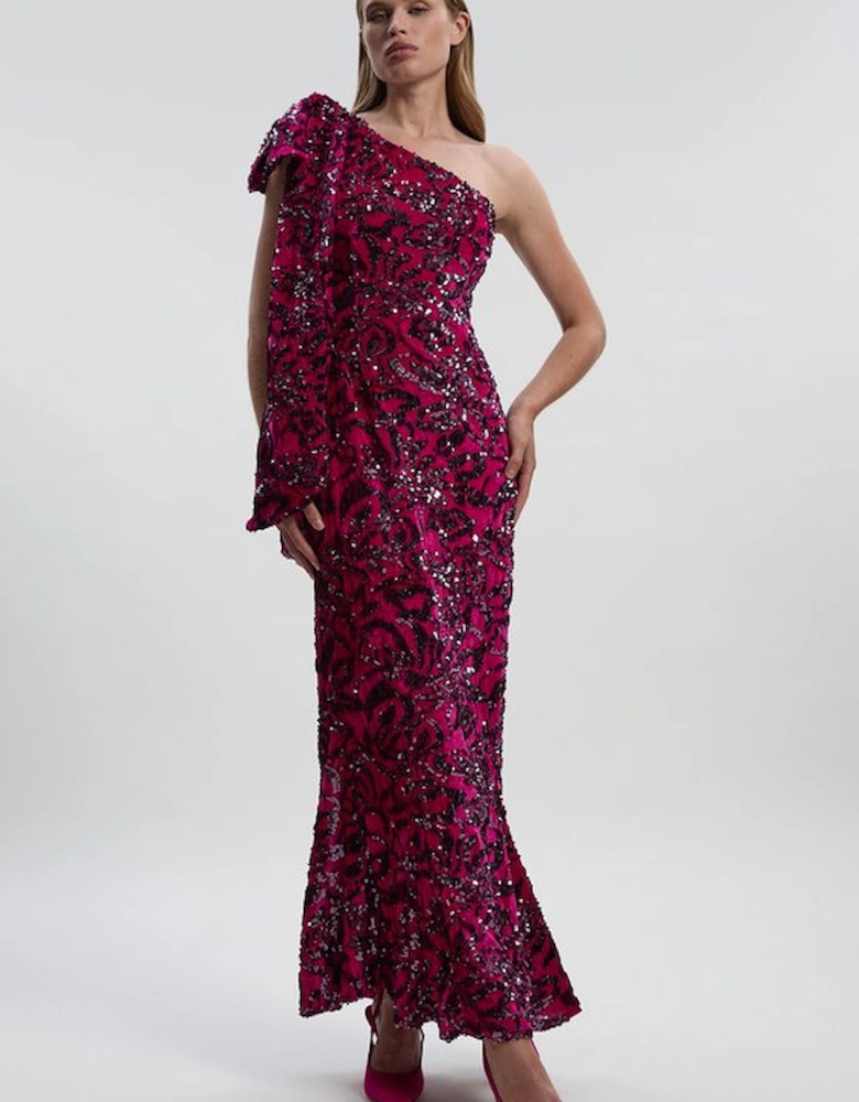 Velvet Sequin One Shoulder Woven Maxi Dress