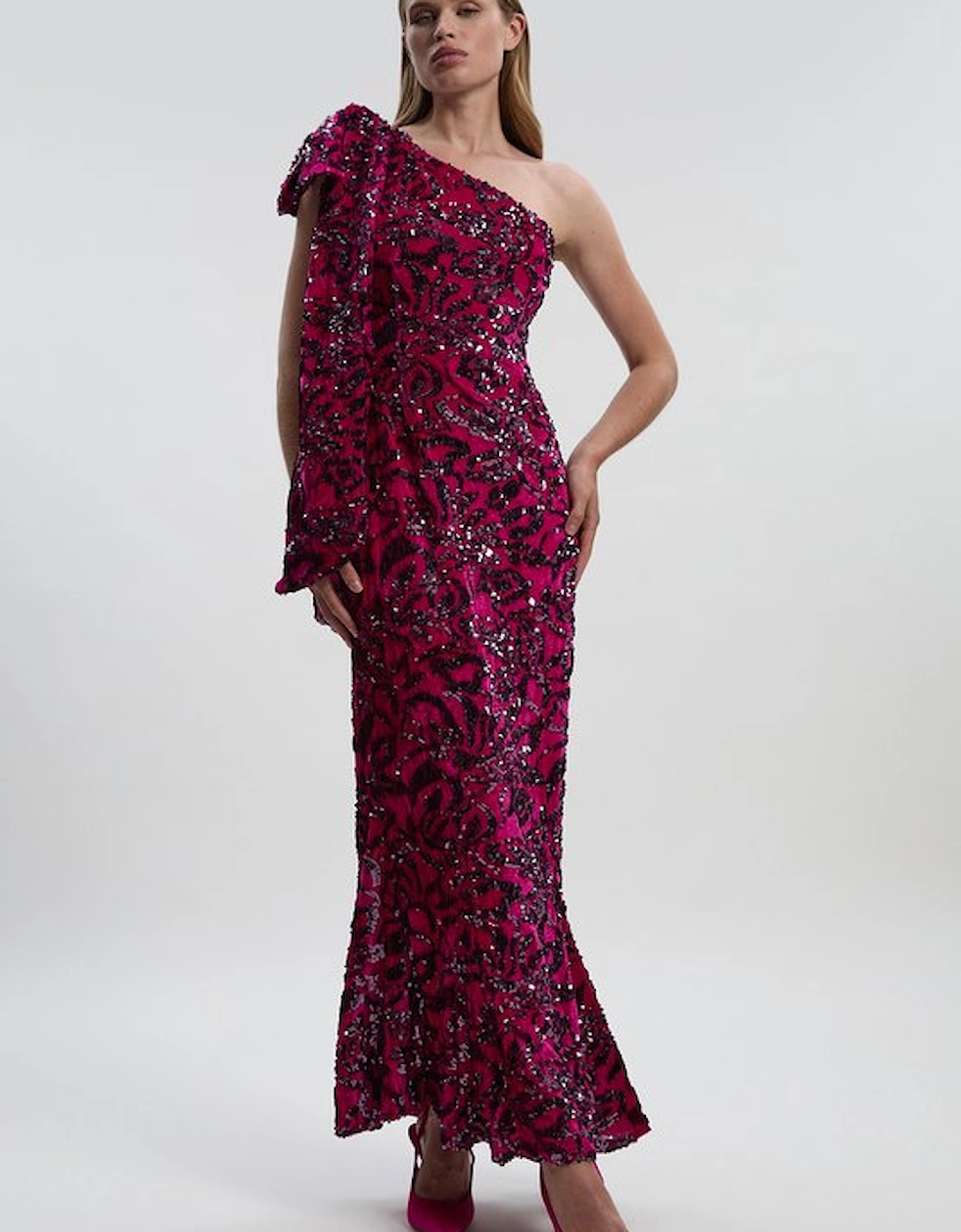 Velvet Sequin One Shoulder Woven Maxi Dress, 5 of 4
