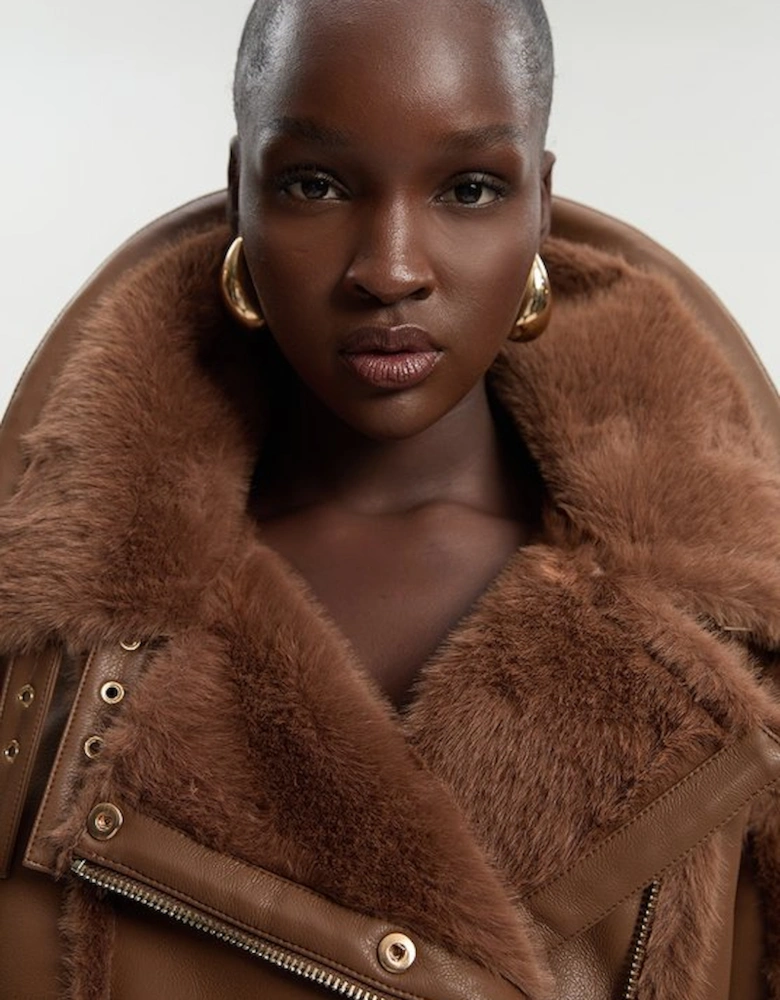 Faux Fur High Neck Belted Biker Coat