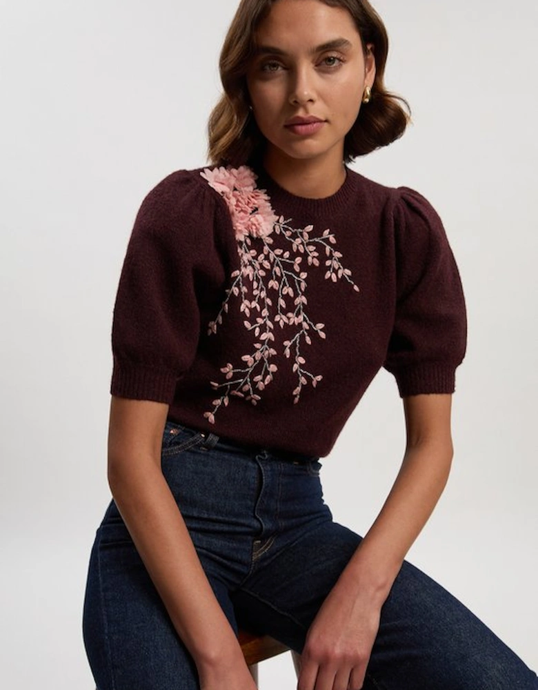 Flower And Beaded Puff Sleeve Knit Tee