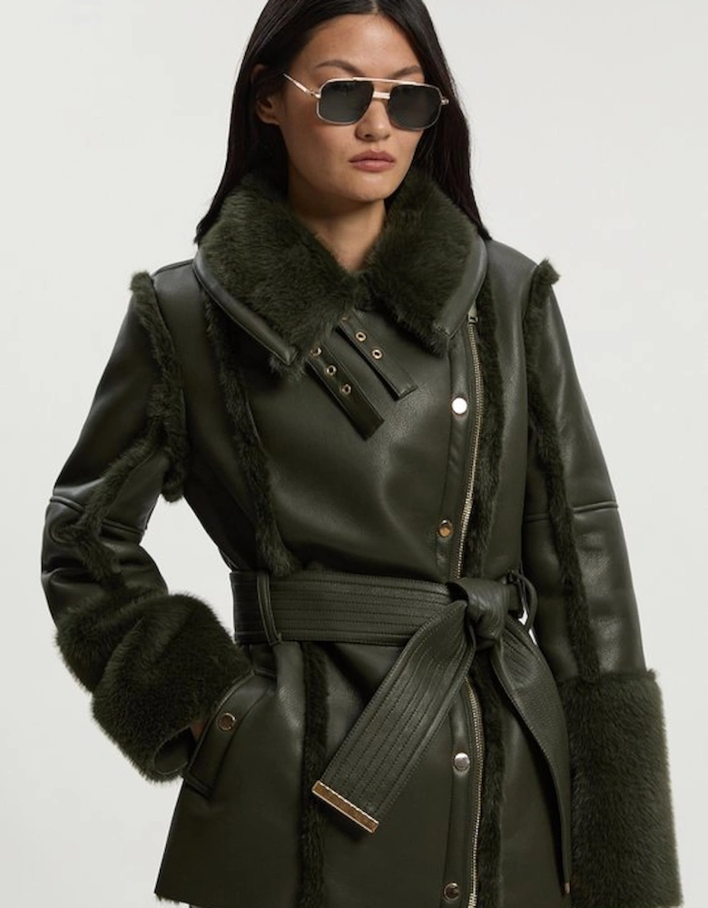 Faux Fur High Neck Belted Biker Coat