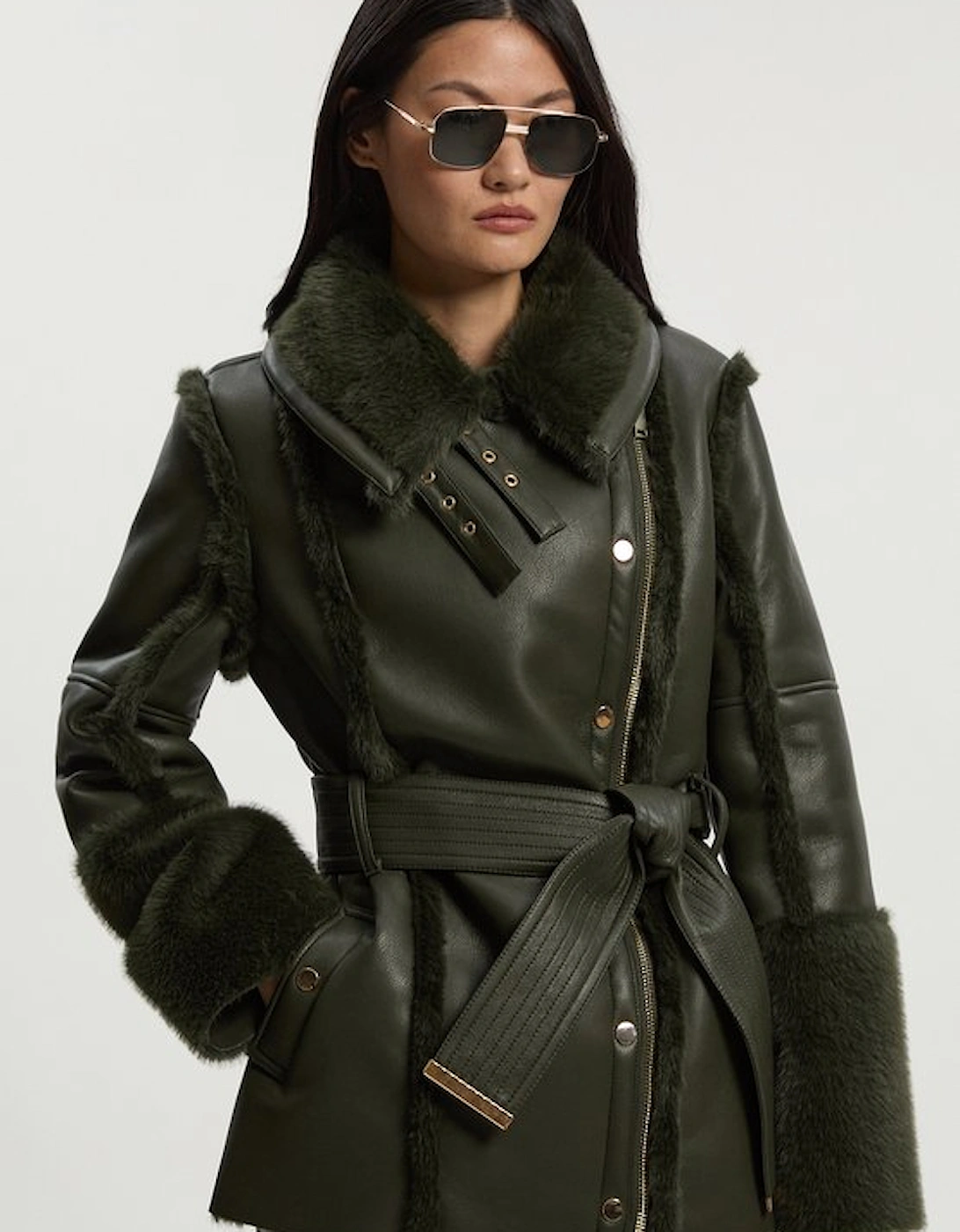 Faux Fur High Neck Belted Biker Coat, 2 of 1