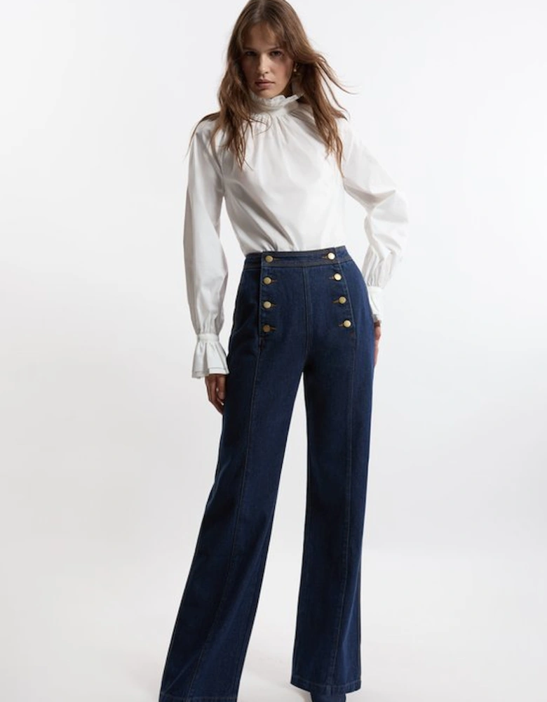 Denim Tailored Button Front Straight Leg Jeans