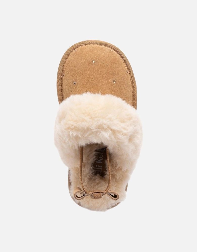 Girls Brown Suede ‘Sandra’ Fluffy Slippers