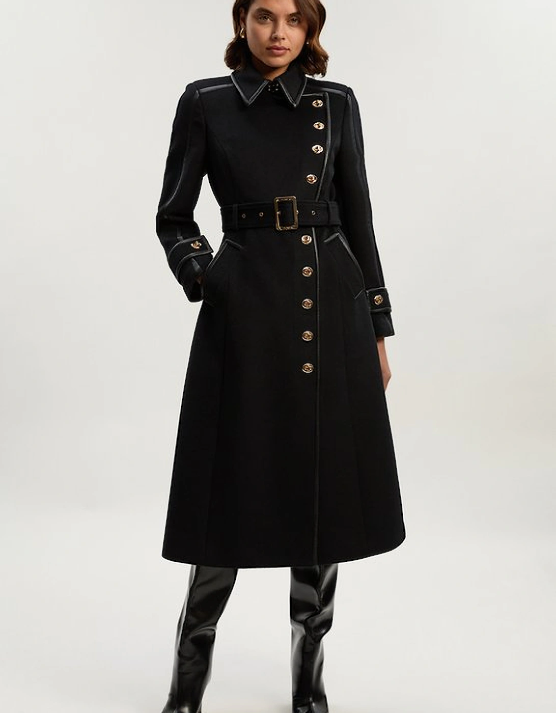 Brushed Wool Pu Mix Gold Trim Belted Midi Coat, 5 of 4