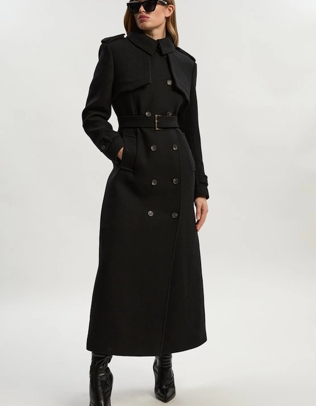 Wool Pu Mix Tailored Belted Trench Maxi Coat, 2 of 1