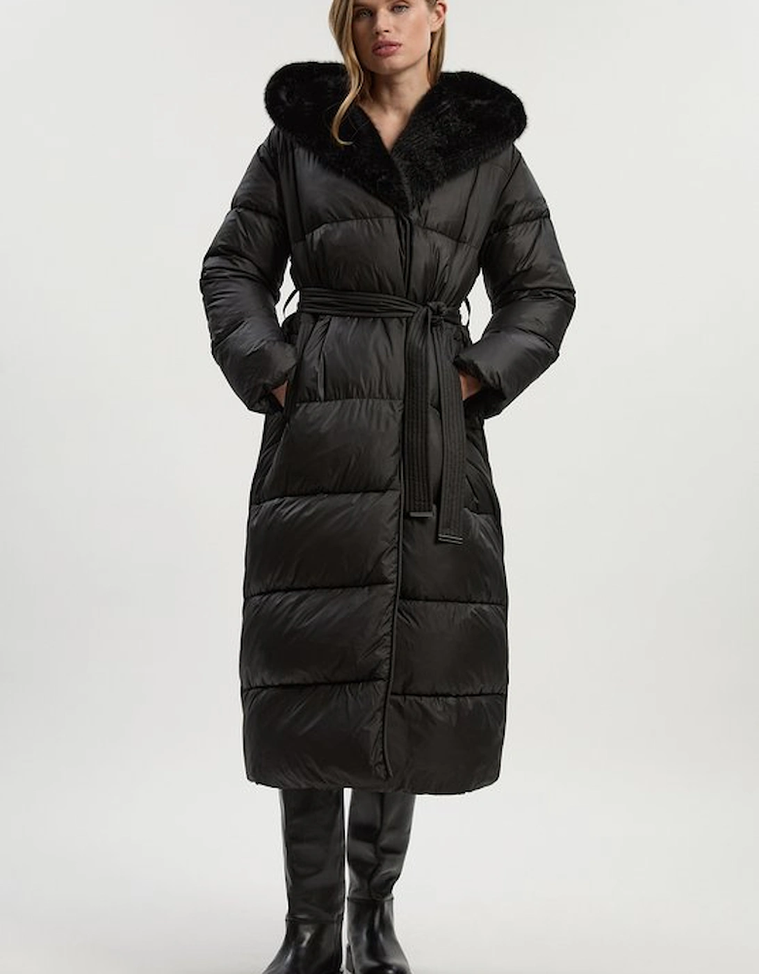 Premium Faux Fur Lined Padded Hooded Belted Midi Coat, 5 of 4