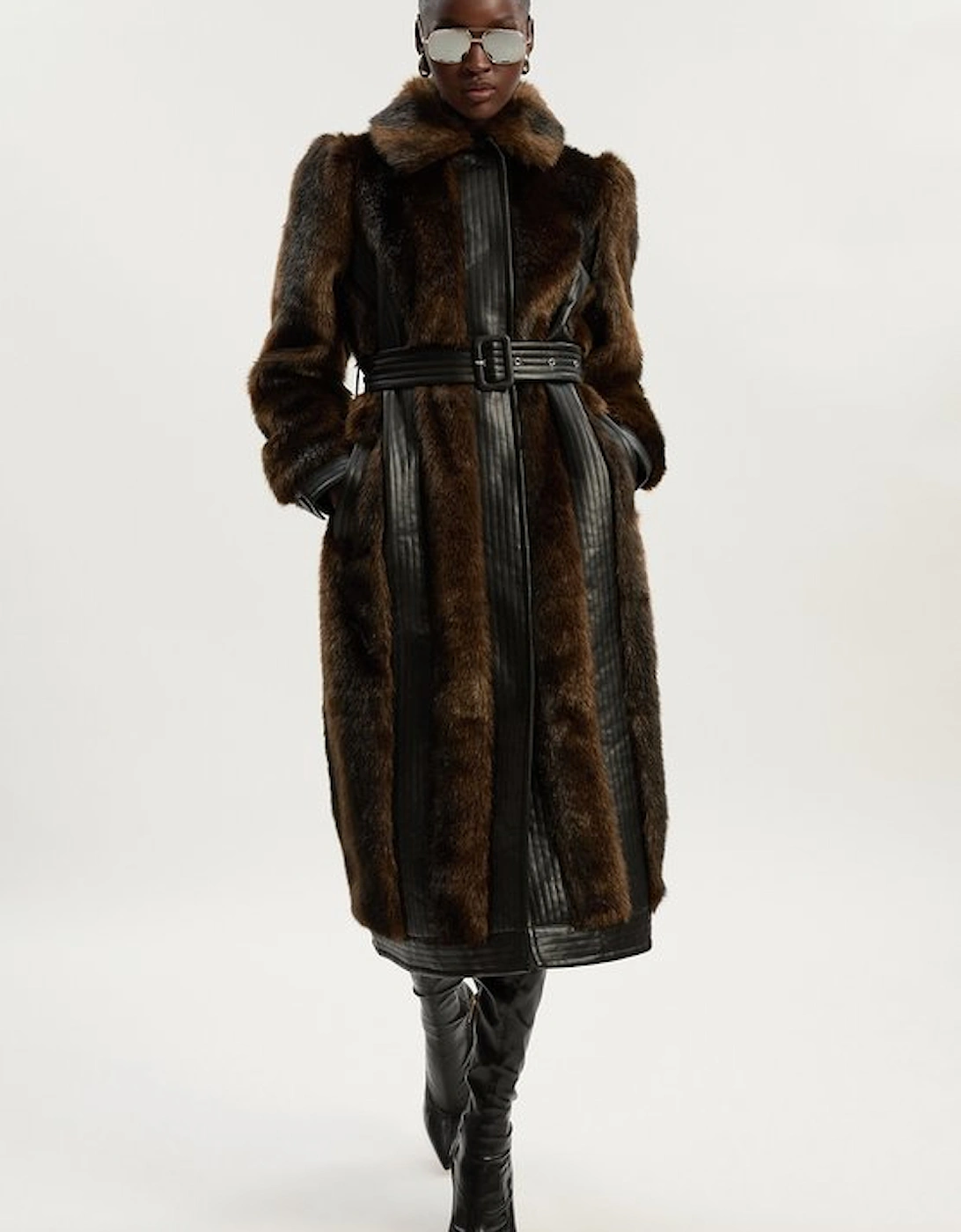 Faux Fur PU Panelled Belted Midi Coat, 5 of 4