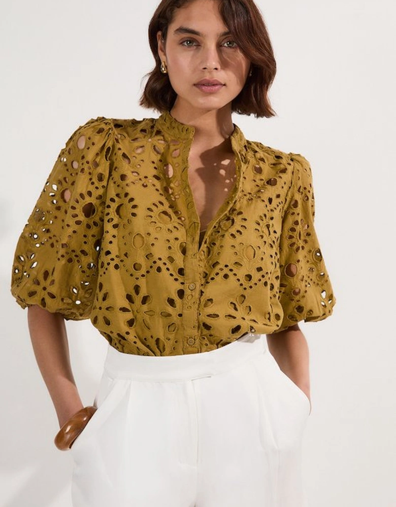 Cotton Broderie Woven Short Sleeve Blouse