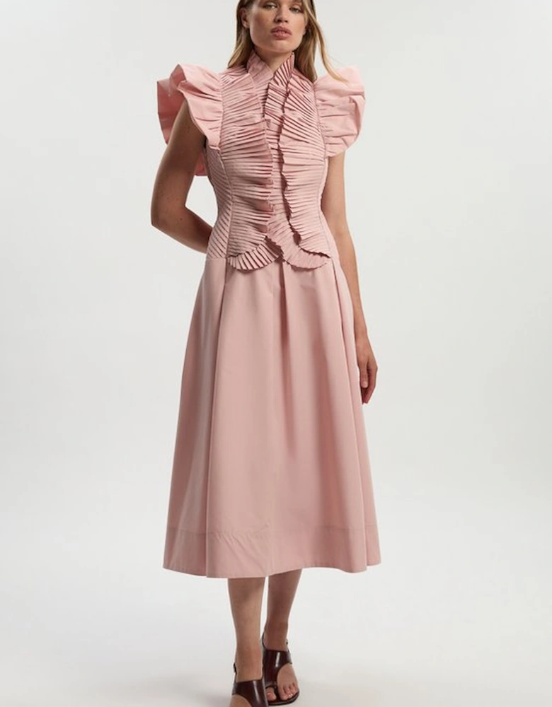 Pleated Ruffle Sleeve Woven Maxi Dress