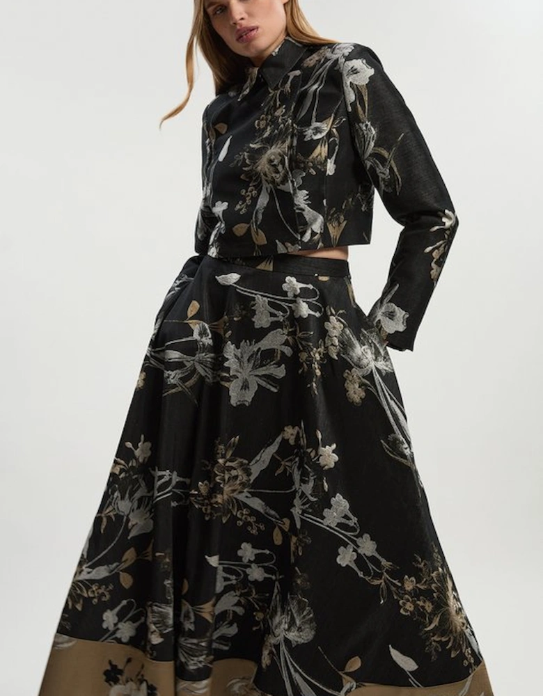 Floral Jacquard Tailored Full Midi Skirt
