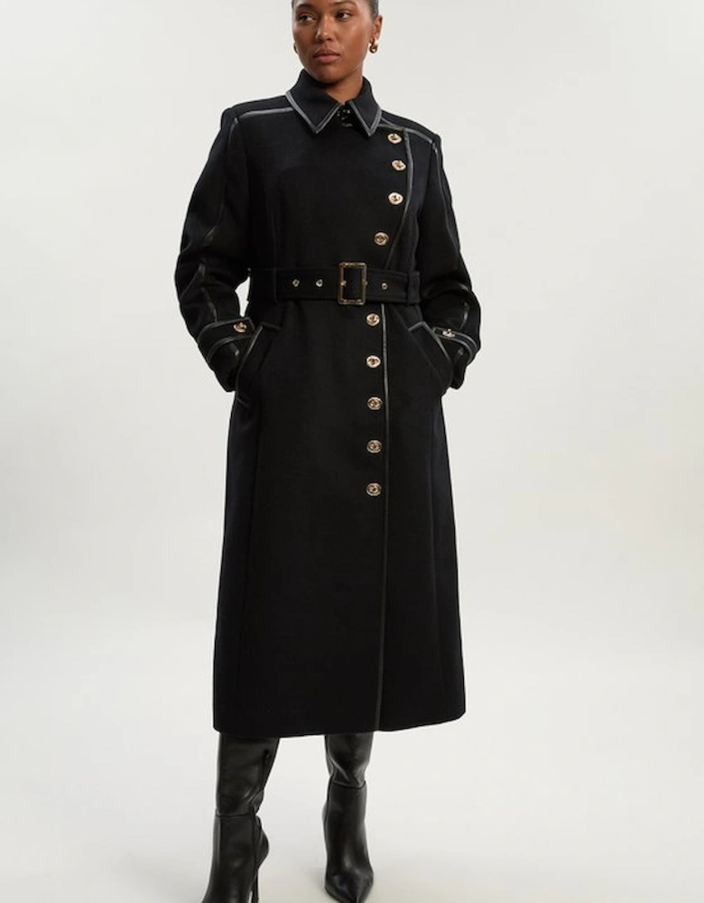 Plus Size Brushed Wool Pu Mix Gold Trim Belted Midi Coat