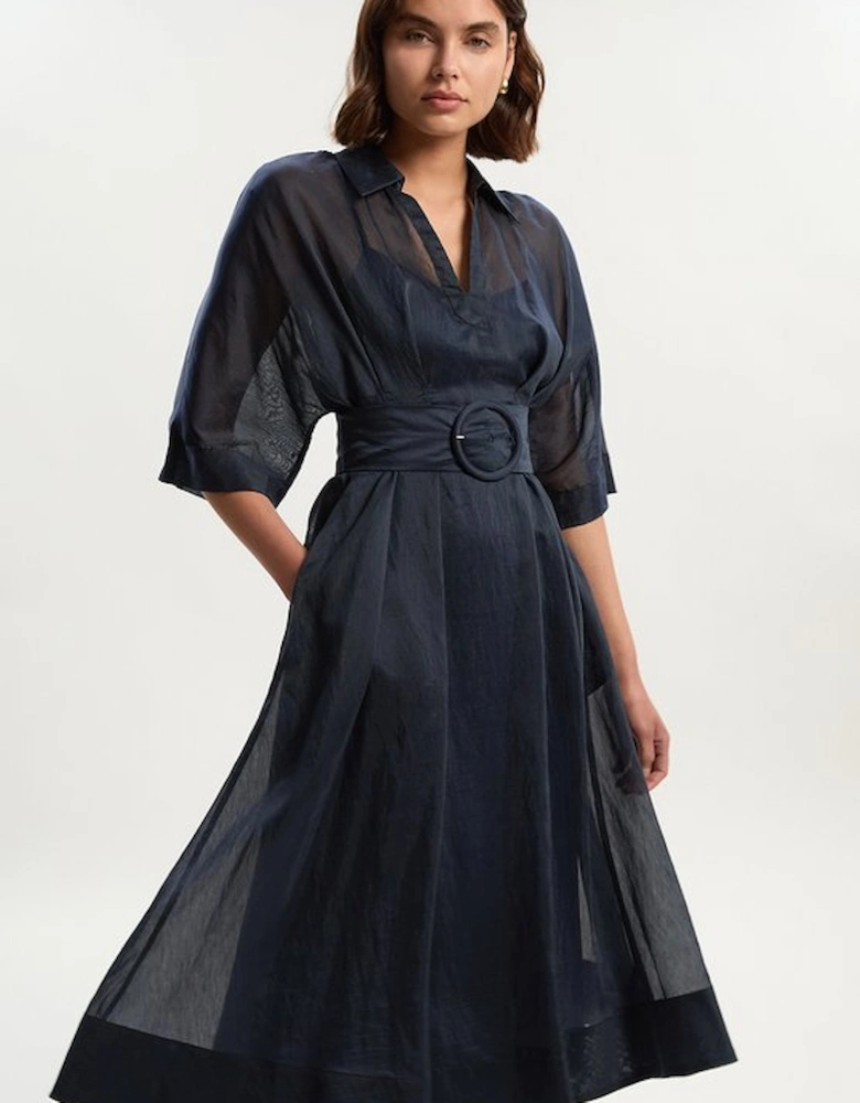 Organdie Plunge Collared Woven Maxi Dress