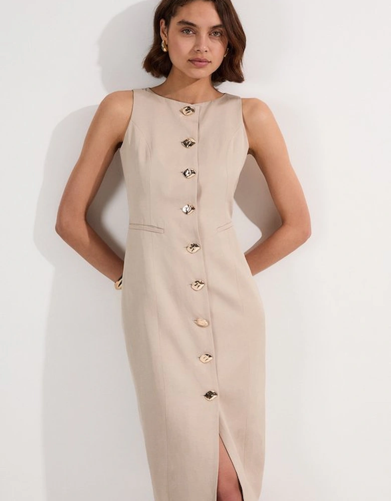 Petite Viscose Linen Tailored Statement Button Front Pencil Midi Dress