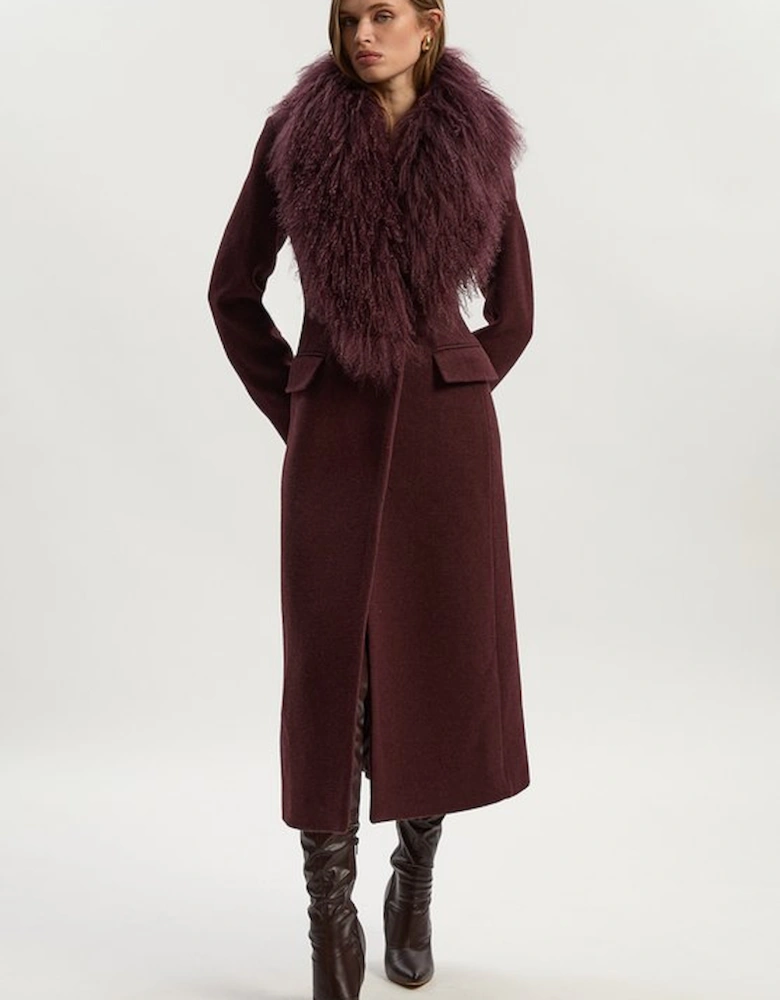 Wool Detachable Fur Collar Tailored Double Breasted Midi Coat