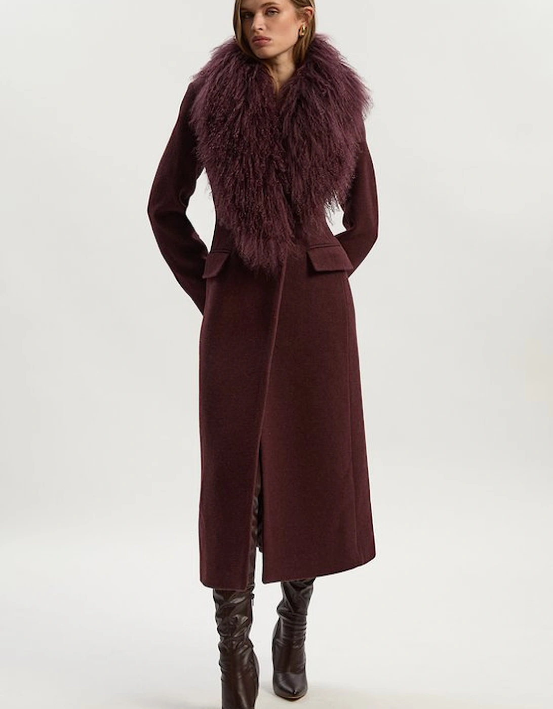 Wool Detachable Fur Collar Tailored Double Breasted Midi Coat, 2 of 1