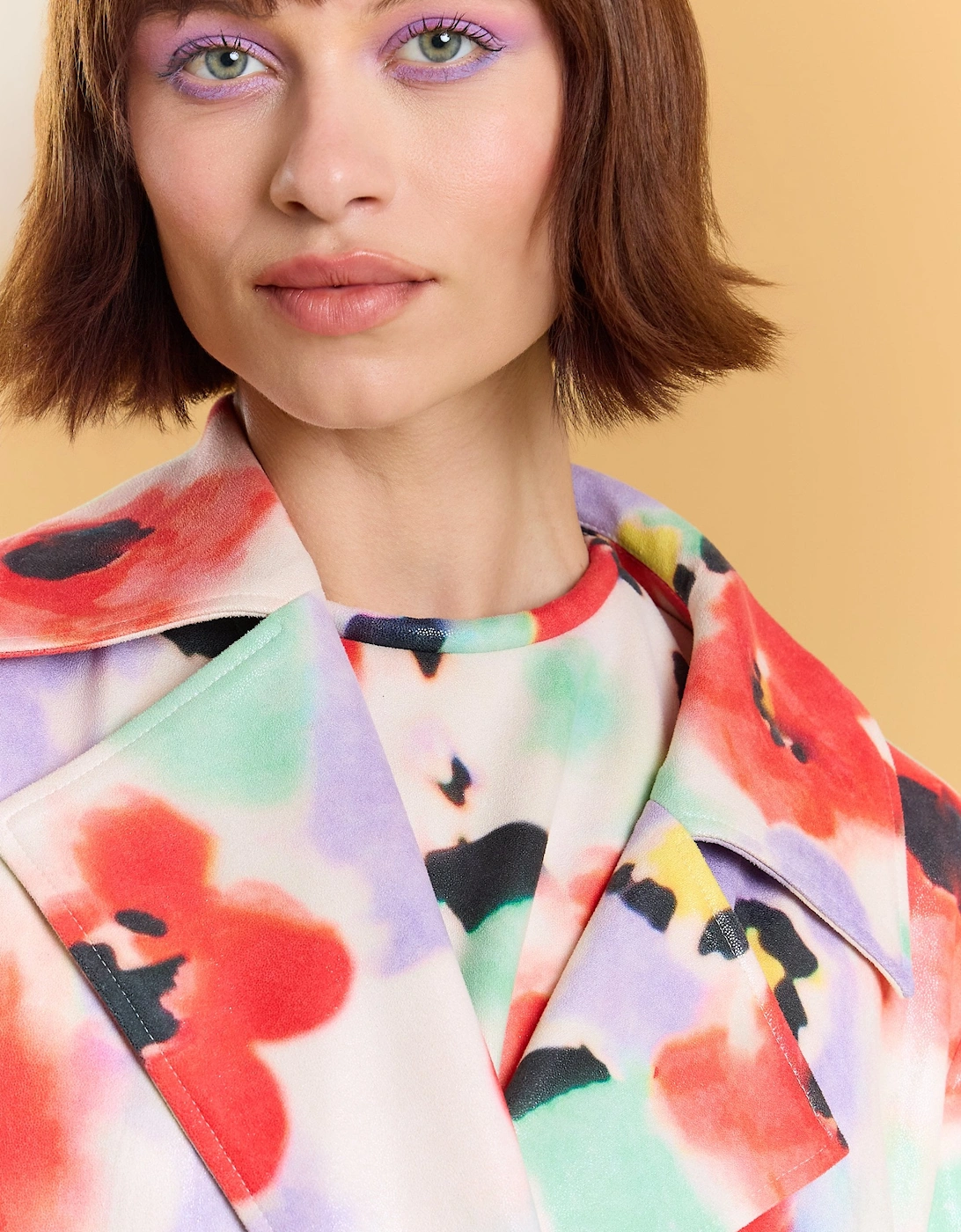 Faux Suede Floral Trench Coat