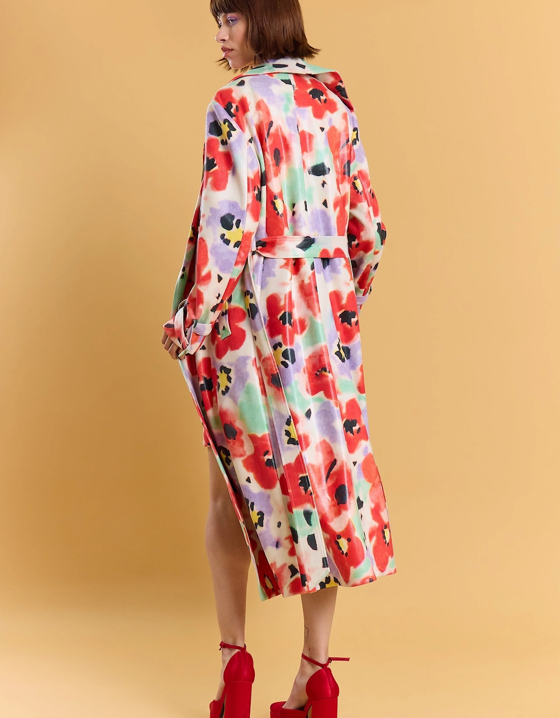 Faux Suede Floral Trench Coat