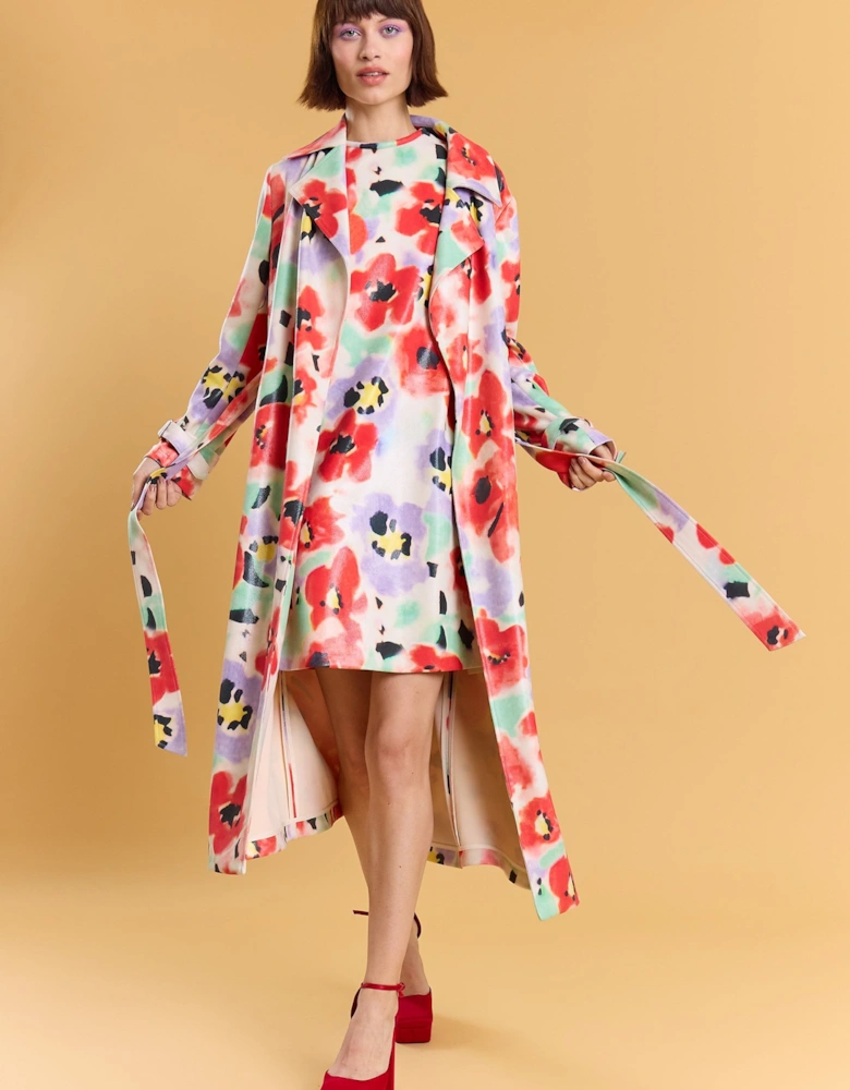 Faux Suede Floral Trench Coat