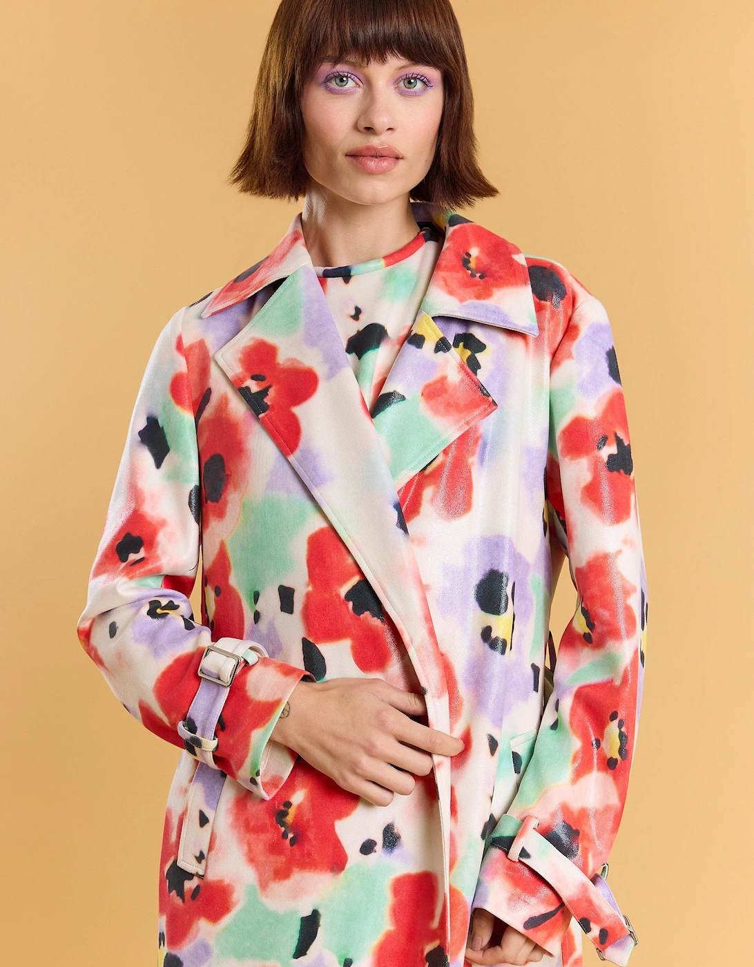 Faux Suede Floral Trench Coat
