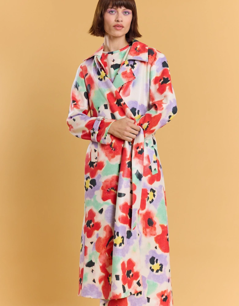 Faux Suede Floral Trench Coat