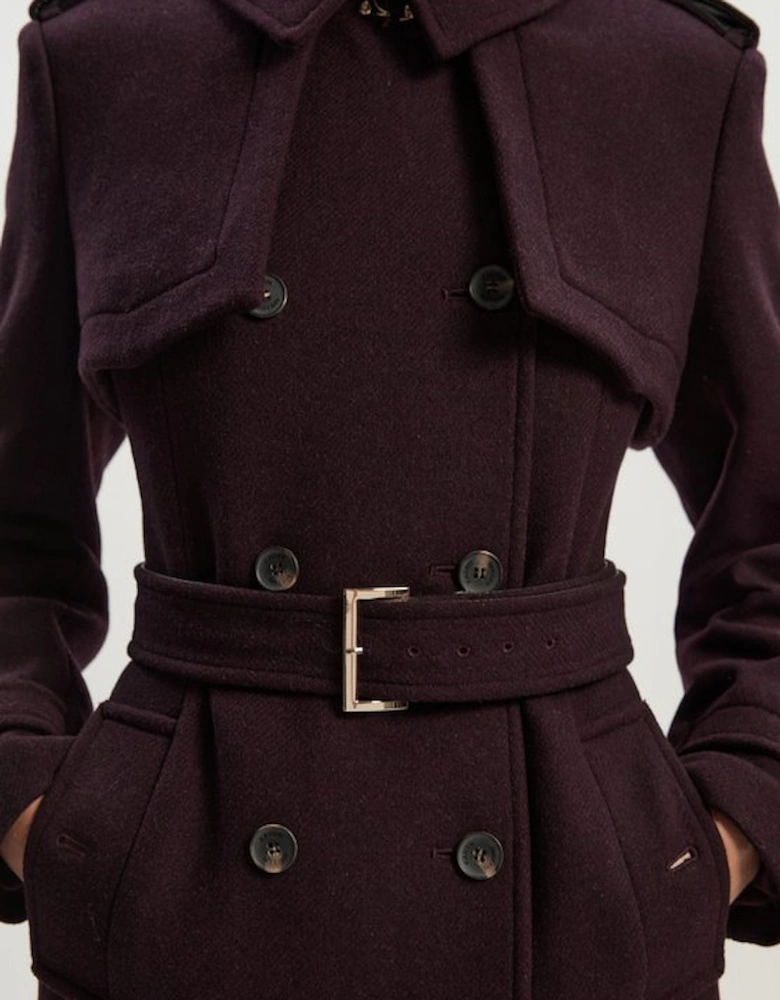 Petite Wool Pu Mix Tailored Belted Trench Maxi Coat