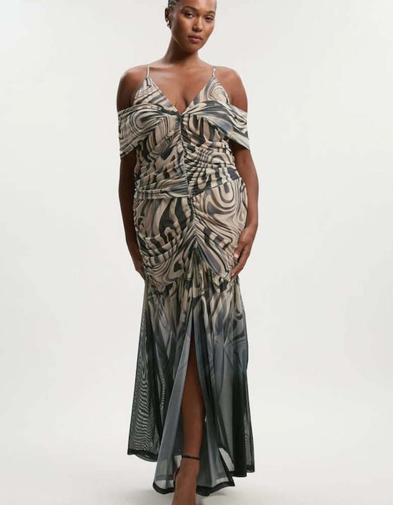 Plus Size Marble Print Mesh Plunge Strappy Detail Maxi Dress