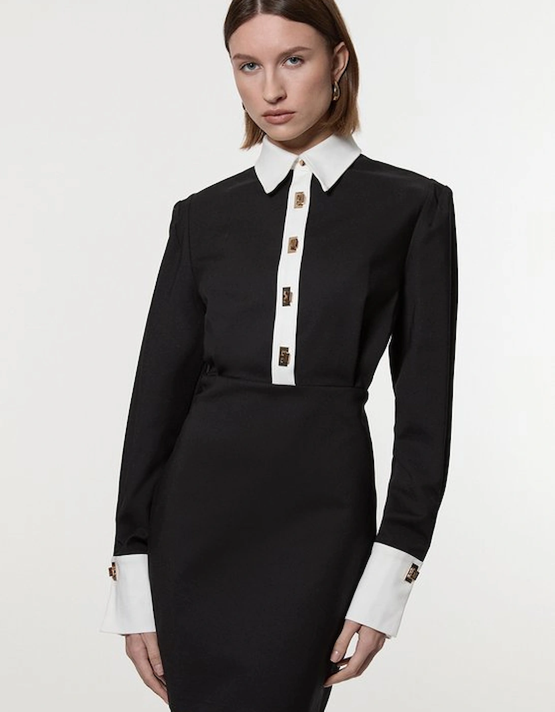 Petite Techno Cotton Woven Mini Dress With Gold Clasp, 4 of 3