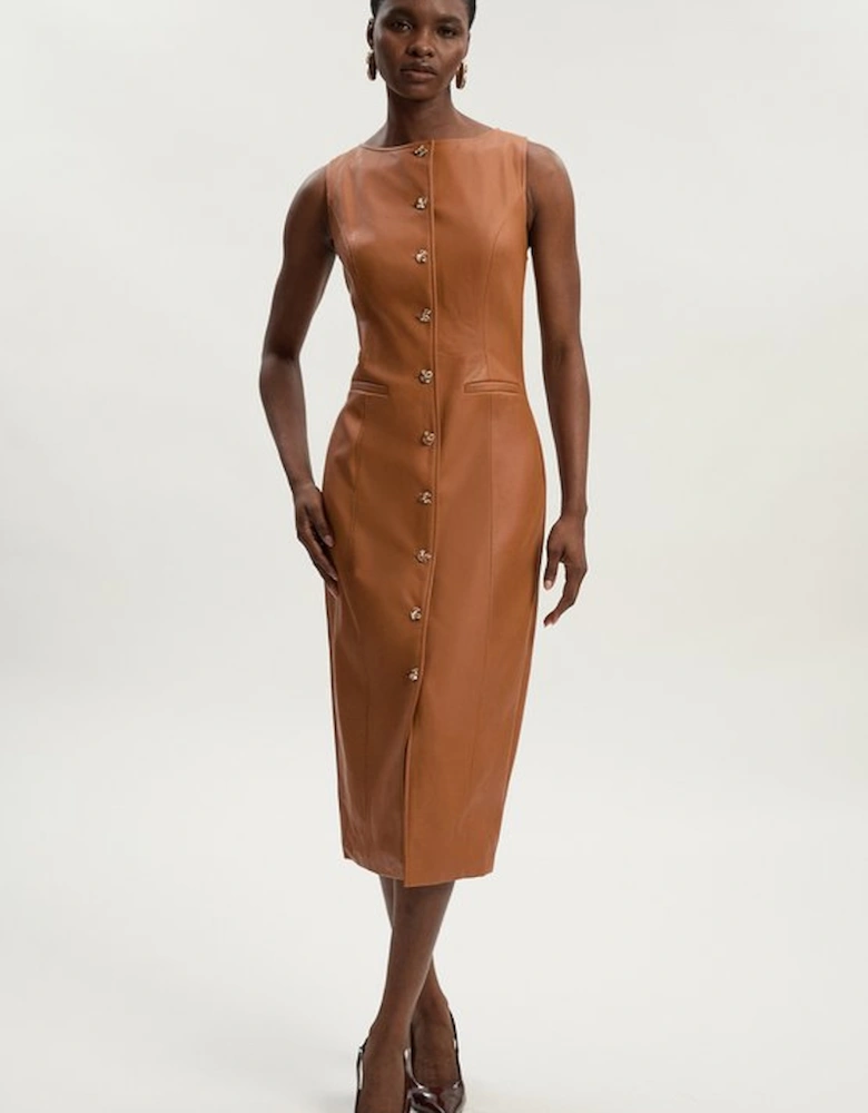 Faux Leather Button Detail Midi Pencil Dress