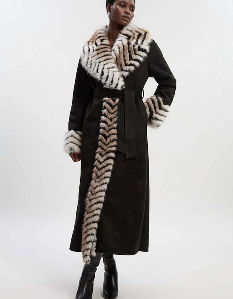Petite Faux Shearling Contrast Collar & Cuff Belted Maxi Coat