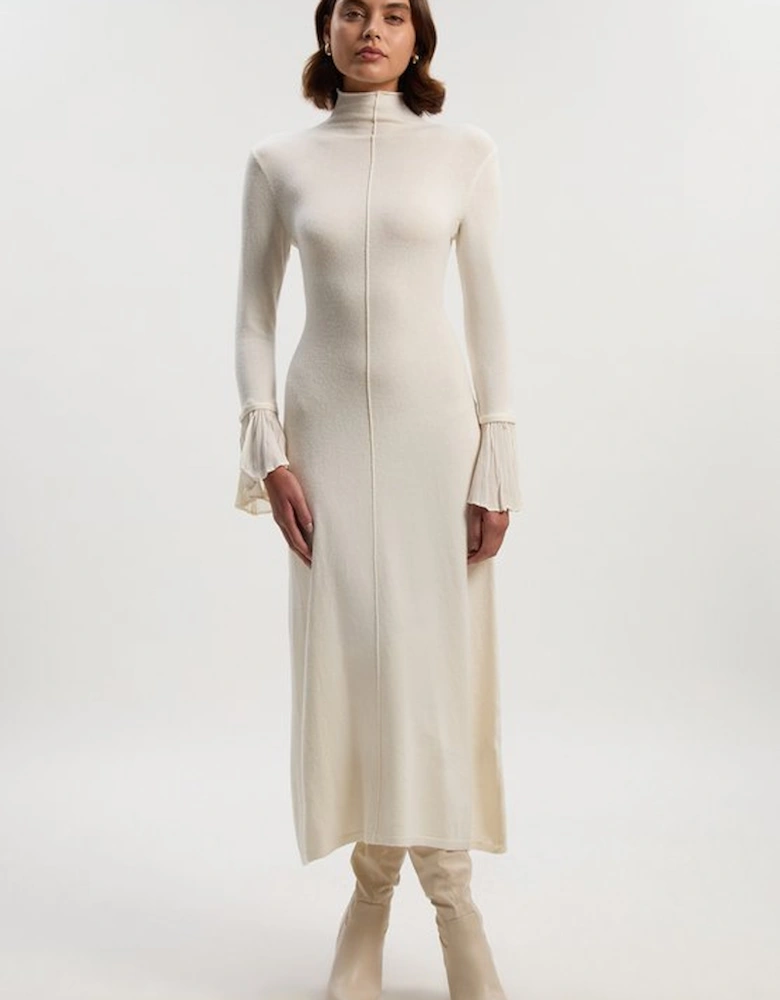 Petite Wool And Alpaca Blend Knit Pleated Silk Woven Cuffs Midi Dress